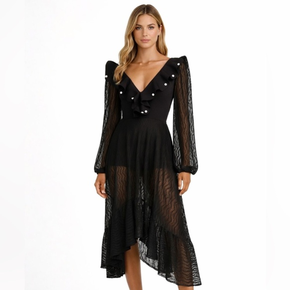 BAHIA MAR Black Maxi Lace Dress with ruffles and pearls Size Large - Picture 2 of 9